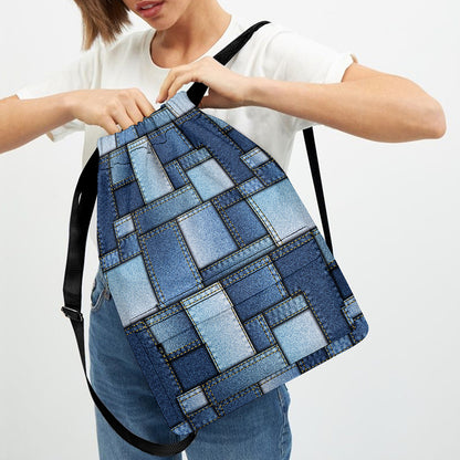 Patchwork Denim Jeans Pattern Print Drawstring Backpack