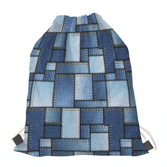 Patchwork Denim Jeans Pattern Print Drawstring Bag