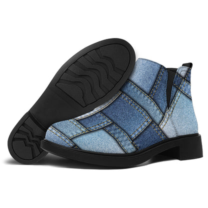 Patchwork Denim Jeans Pattern Print Flat Ankle Boots