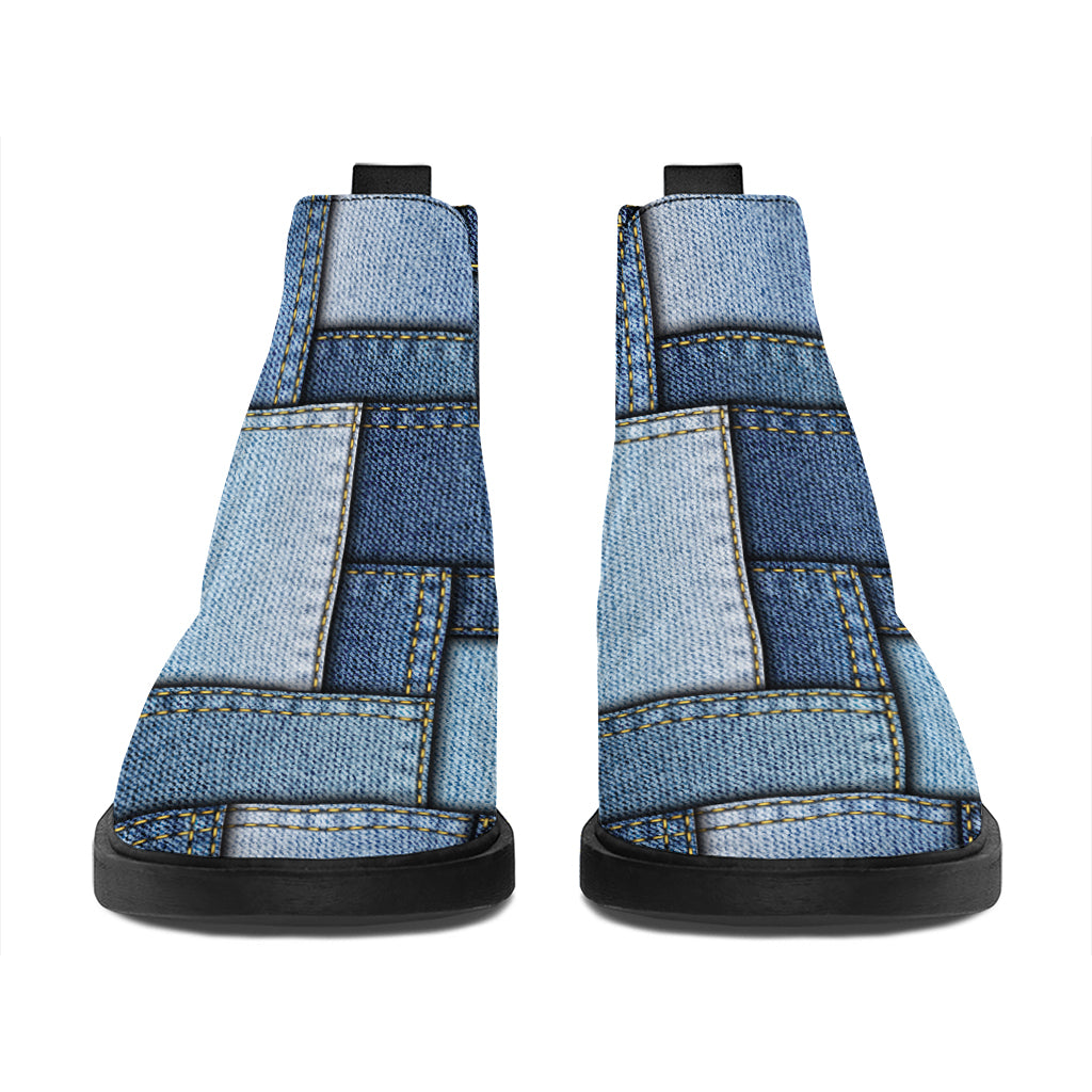 Patchwork Denim Jeans Pattern Print Flat Ankle Boots