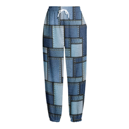 Patchwork Denim Jeans Pattern Print Fleece Lined Knit Pants