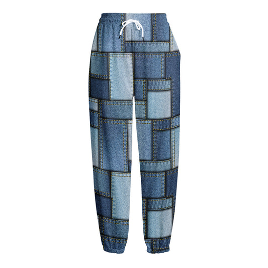 Patchwork Denim Jeans Pattern Print Fleece Lined Knit Pants