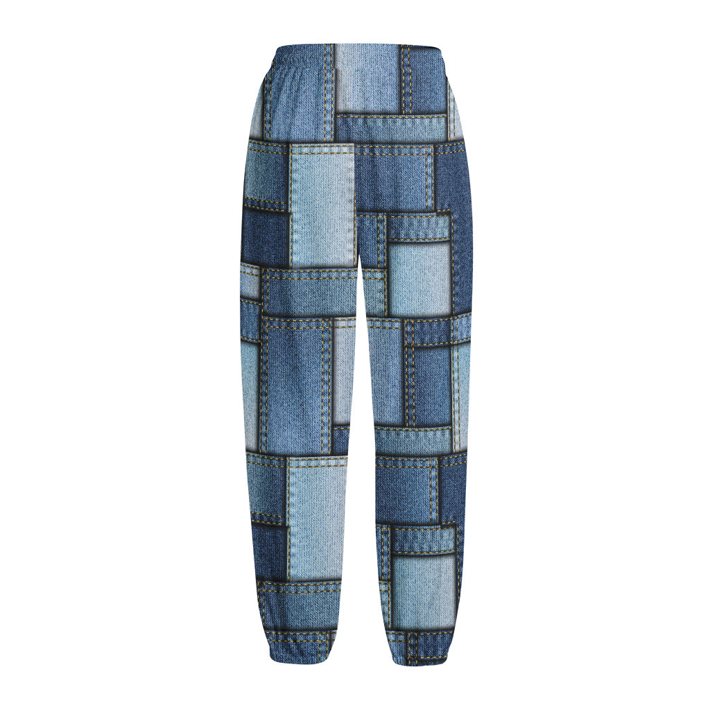 Patchwork Denim Jeans Pattern Print Fleece Lined Knit Pants