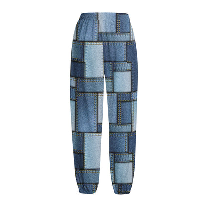 Patchwork Denim Jeans Pattern Print Fleece Lined Knit Pants