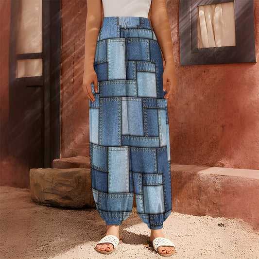 Patchwork Denim Jeans Pattern Print Harem Pants