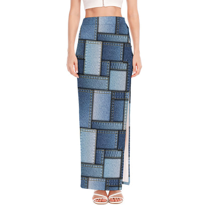 Patchwork Denim Jeans Pattern Print High Slit Maxi Skirt