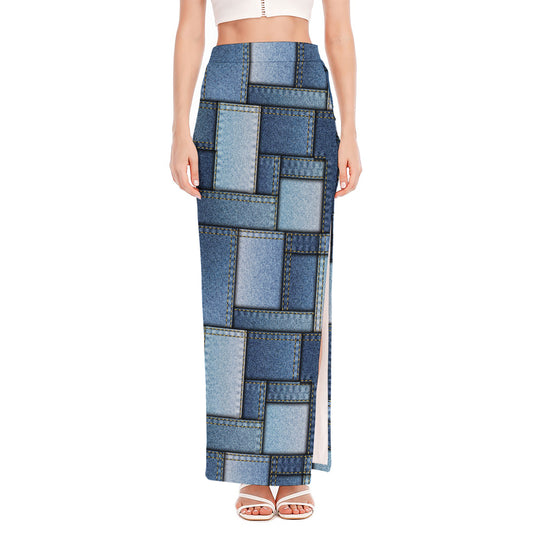 Patchwork Denim Jeans Pattern Print High Slit Maxi Skirt