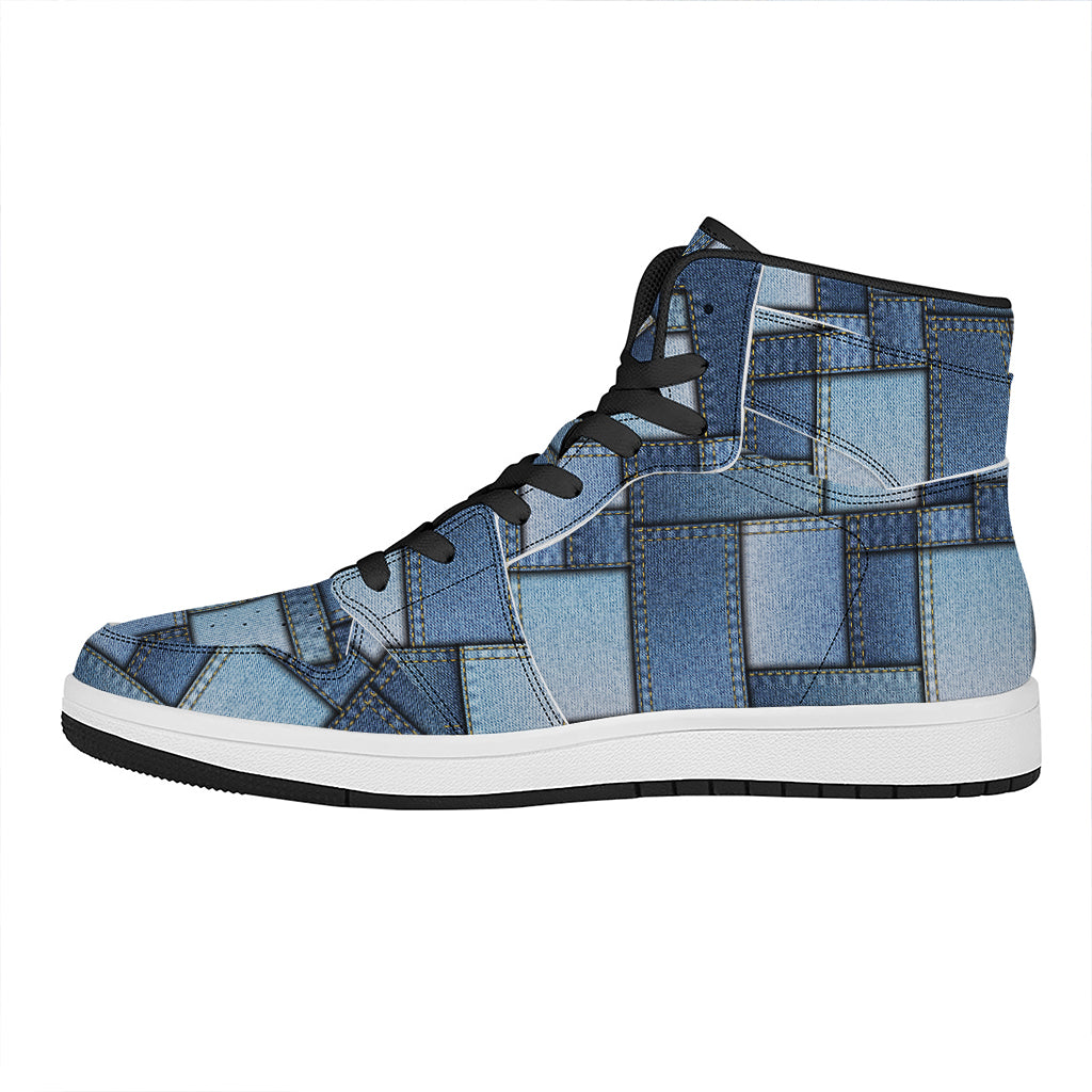 Patchwork Denim Jeans Pattern Print High Top Leather Sneakers