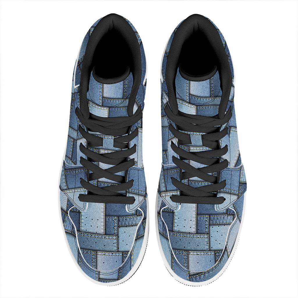 Patchwork Denim Jeans Pattern Print High Top Leather Sneakers