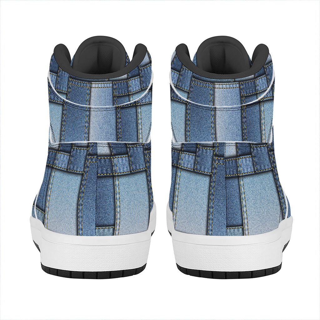 Patchwork Denim Jeans Pattern Print High Top Leather Sneakers