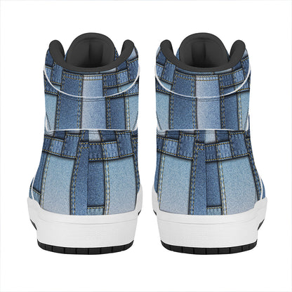 Patchwork Denim Jeans Pattern Print High Top Leather Sneakers