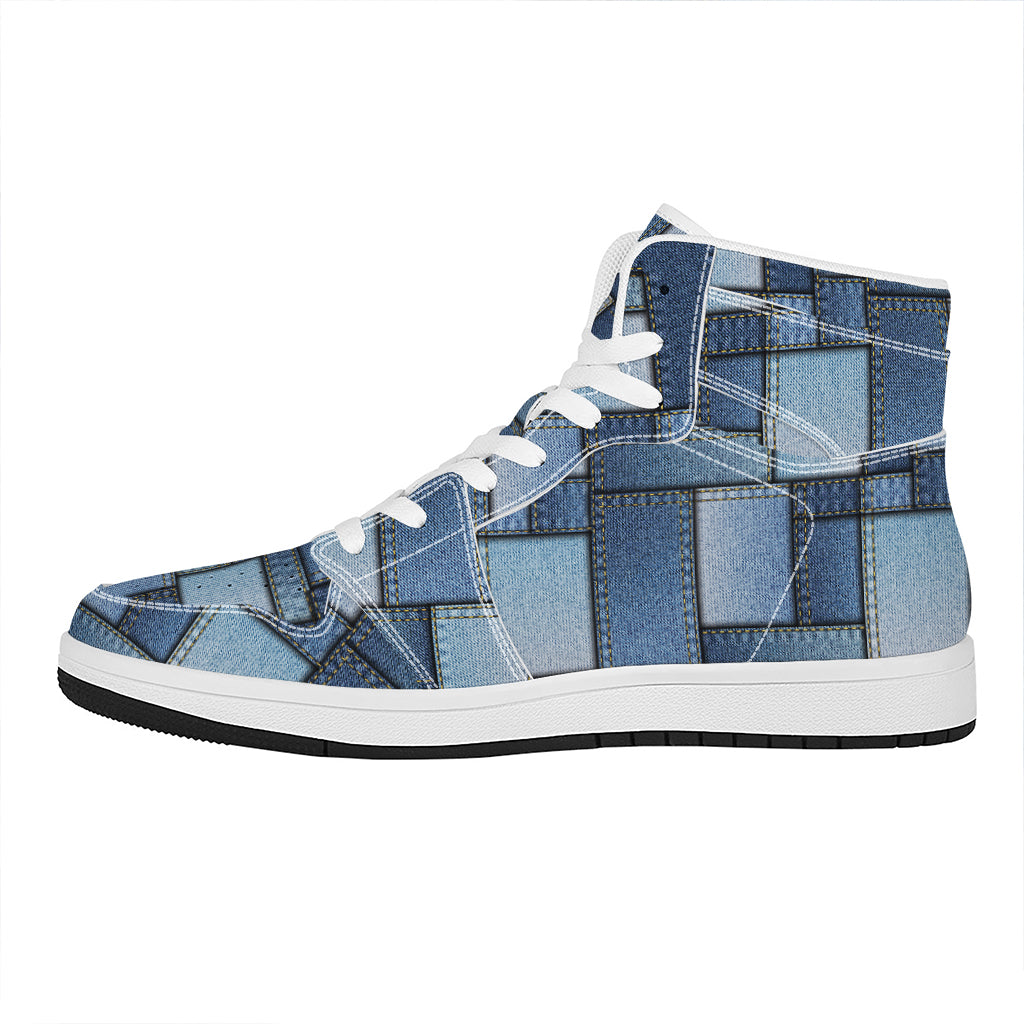 Patchwork Denim Jeans Pattern Print High Top Leather Sneakers