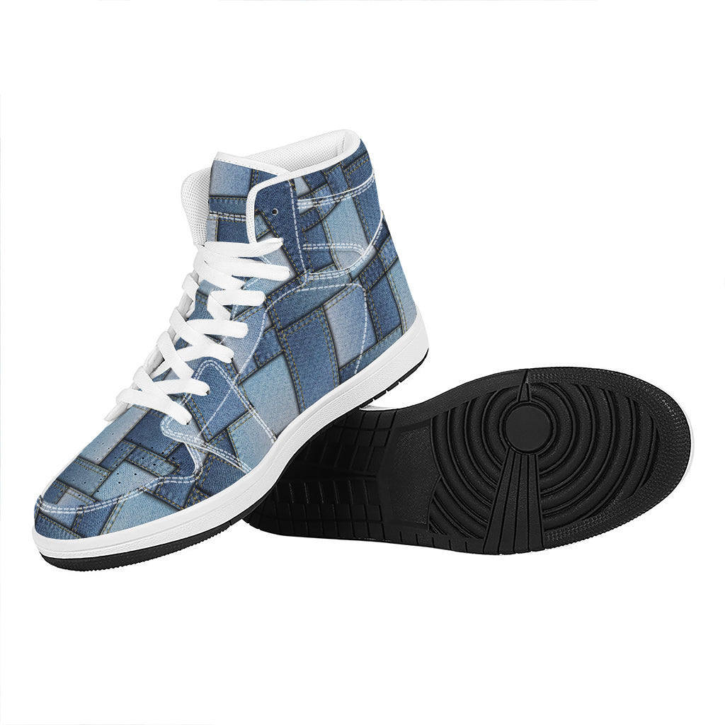 Patchwork Denim Jeans Pattern Print High Top Leather Sneakers
