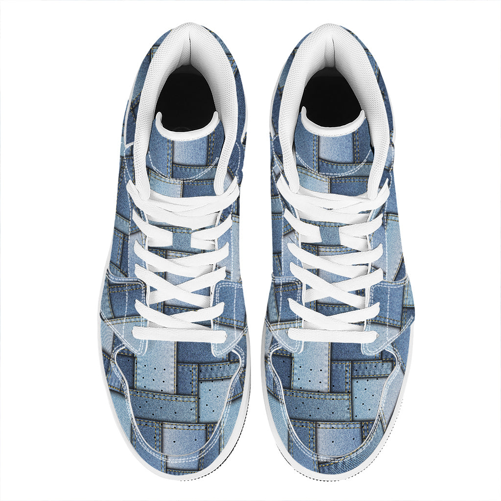 Patchwork Denim Jeans Pattern Print High Top Leather Sneakers