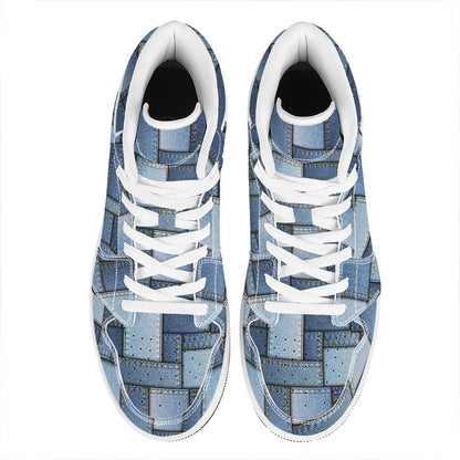 Patchwork Denim Jeans Pattern Print High Top Leather Sneakers