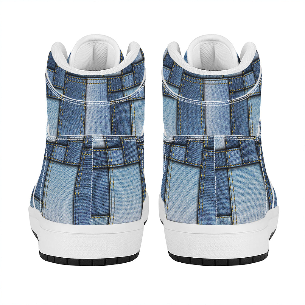 Patchwork Denim Jeans Pattern Print High Top Leather Sneakers