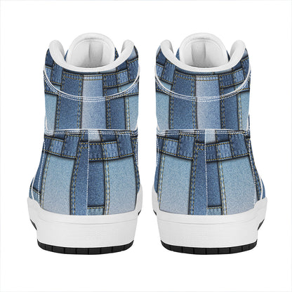 Patchwork Denim Jeans Pattern Print High Top Leather Sneakers