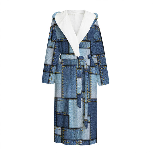 Patchwork Denim Jeans Pattern Print Hooded Bathrobe