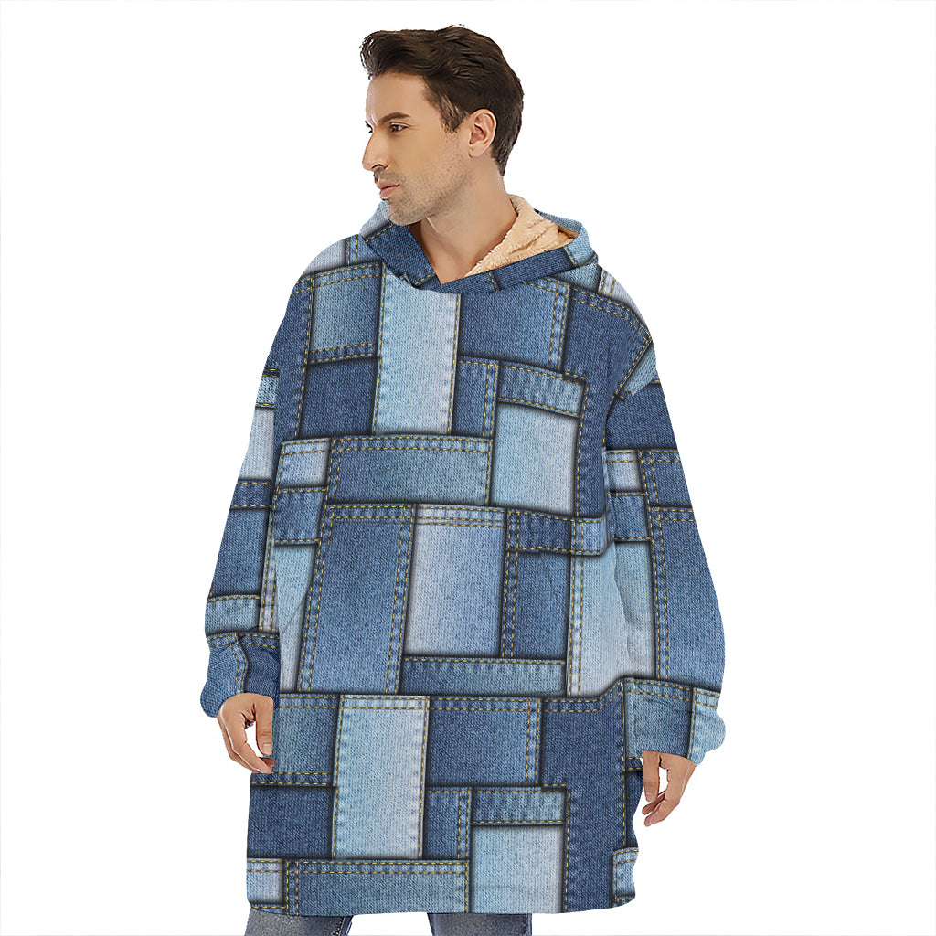 Patchwork Denim Jeans Pattern Print Hoodie Blanket