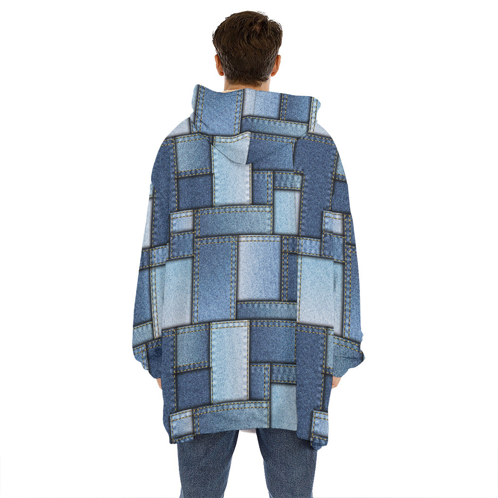 Patchwork Denim Jeans Pattern Print Hoodie Blanket