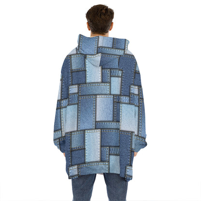 Patchwork Denim Jeans Pattern Print Hoodie Blanket