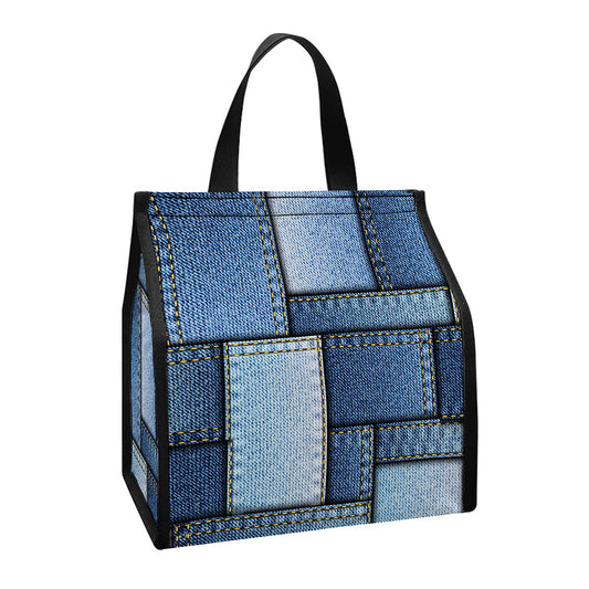 Patchwork Denim Jeans Pattern Print Insulated Lunch Tote