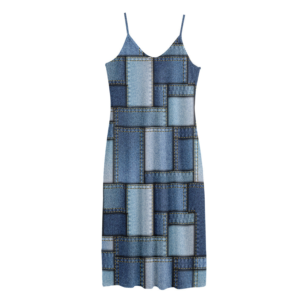 Patchwork Denim Jeans Pattern Print Jersey Midi Cami Dress