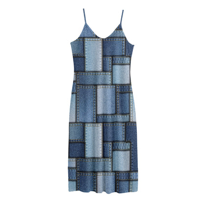 Patchwork Denim Jeans Pattern Print Jersey Midi Cami Dress