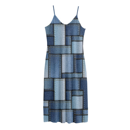 Patchwork Denim Jeans Pattern Print Jersey Midi Cami Dress