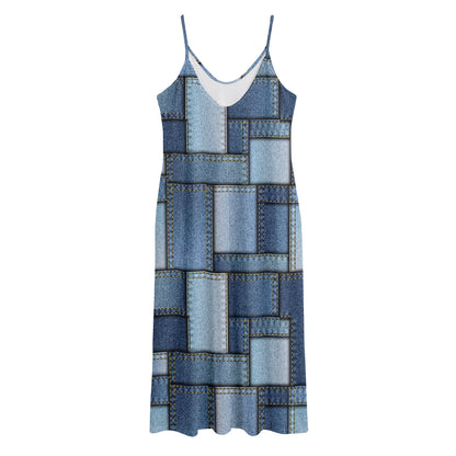Patchwork Denim Jeans Pattern Print Jersey Midi Cami Dress