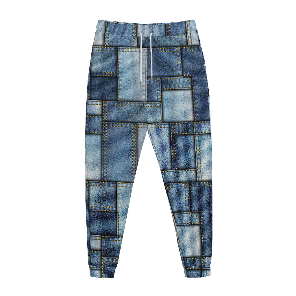 Patchwork Denim Jeans Pattern Print Jogger Pants