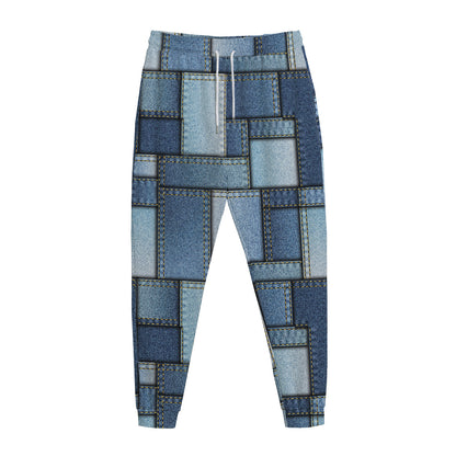 Patchwork Denim Jeans Pattern Print Jogger Pants