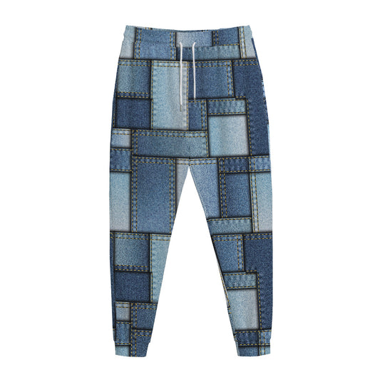 Patchwork Denim Jeans Pattern Print Jogger Pants