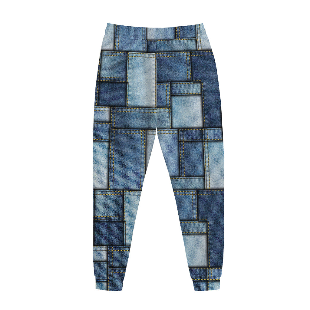 Patchwork Denim Jeans Pattern Print Jogger Pants