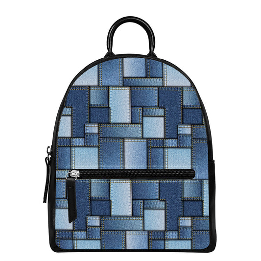 Patchwork Denim Jeans Pattern Print Leather Backpack