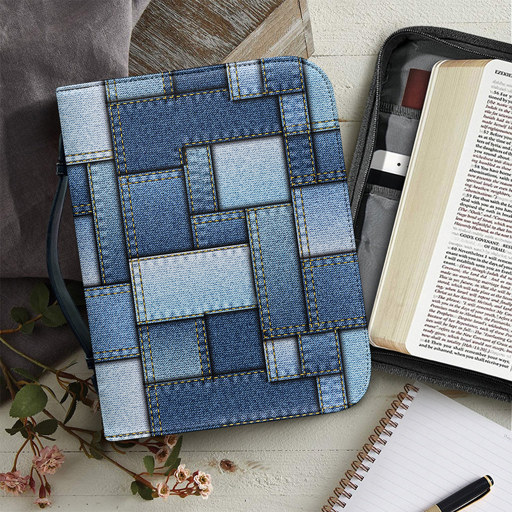 Patchwork Denim Jeans Pattern Print Leather Bible Cover