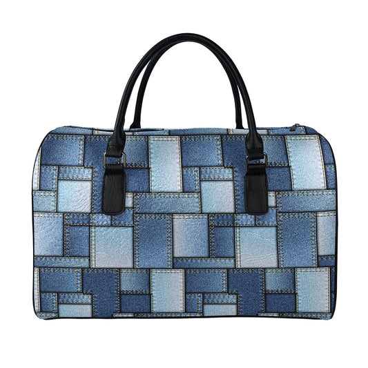 Patchwork Denim Jeans Pattern Print Leather Duffle Bag