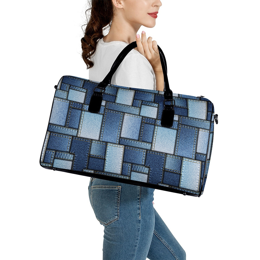 Patchwork Denim Jeans Pattern Print Leather Duffle Bag