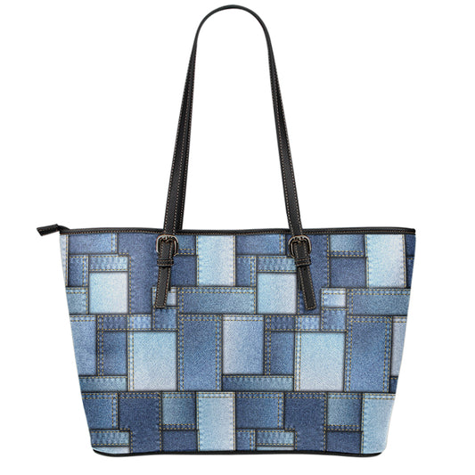 Patchwork Denim Jeans Pattern Print Leather Tote Bag