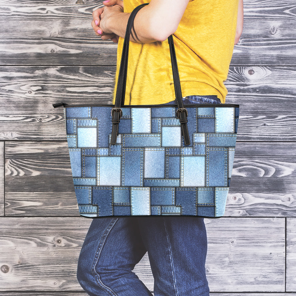 Patchwork Denim Jeans Pattern Print Leather Tote Bag