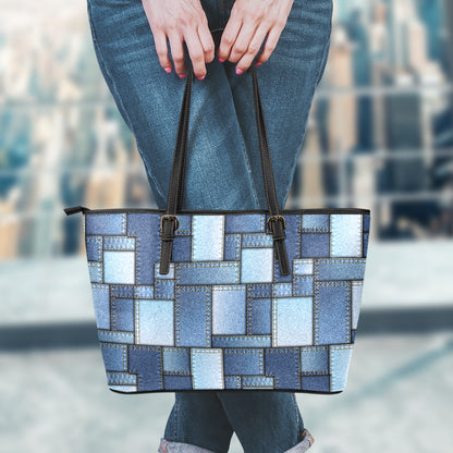 Patchwork Denim Jeans Pattern Print Leather Tote Bag