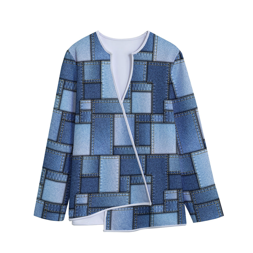 Patchwork Denim Jeans Pattern Print Long Sleeve Short Coat