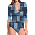 Patchwork Denim Jeans Pattern Print Long Sleeve Swimsuit