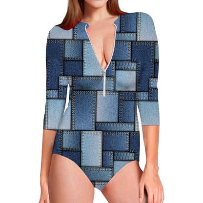 Patchwork Denim Jeans Pattern Print Long Sleeve Swimsuit