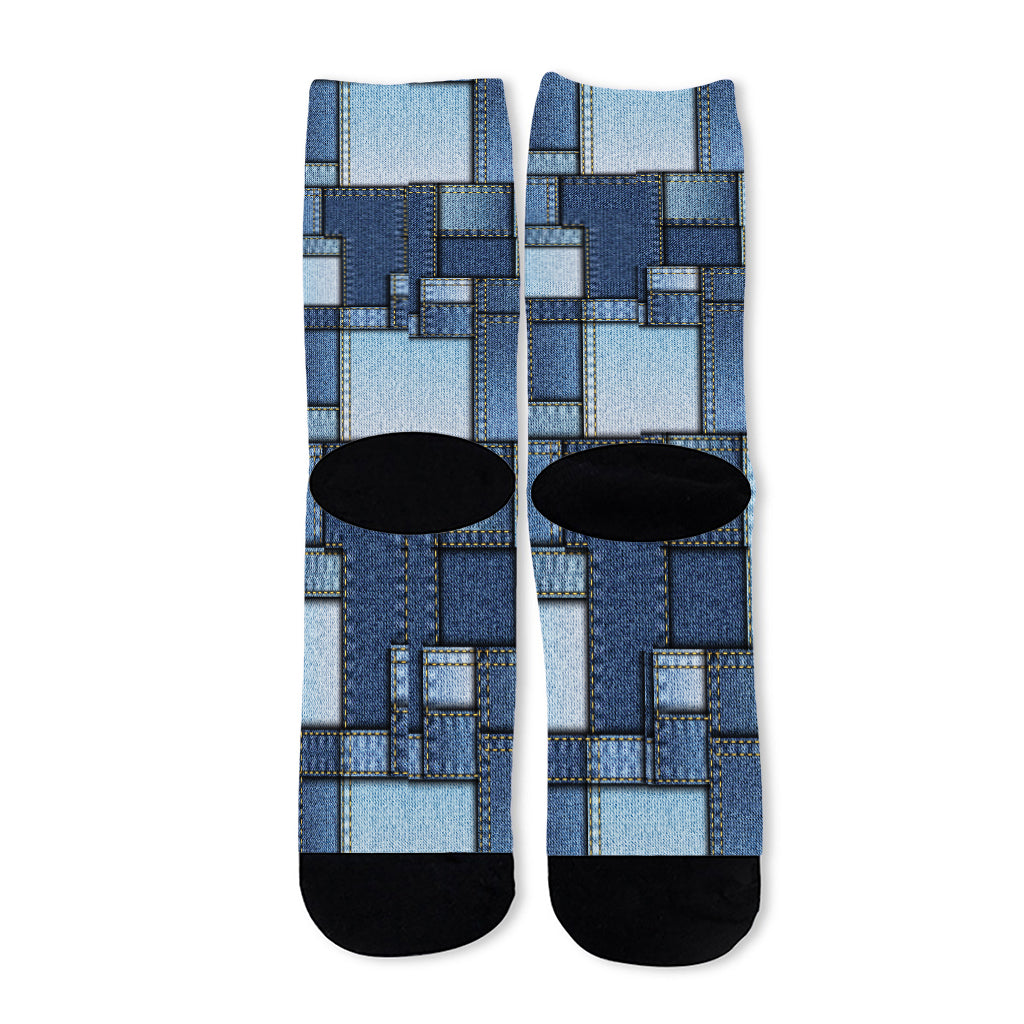 Patchwork Denim Jeans Pattern Print Long Socks