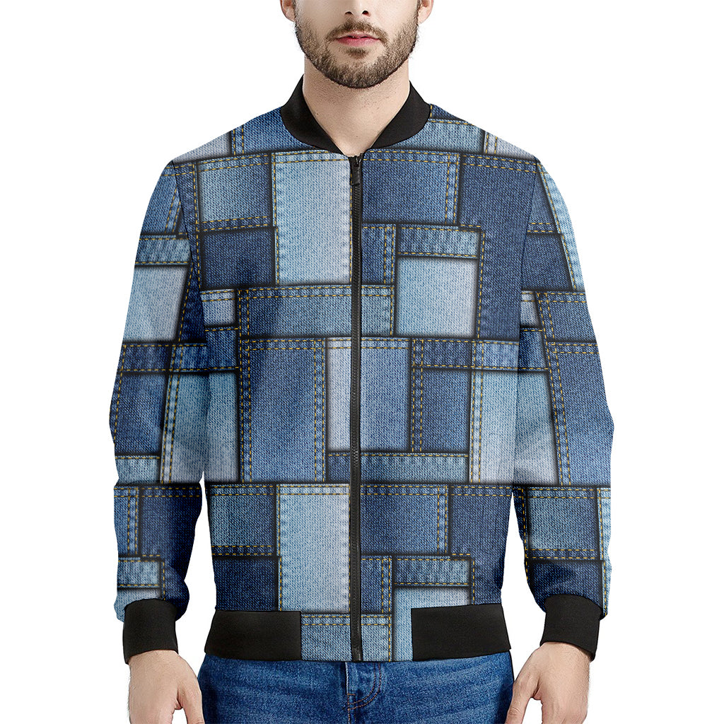 Patchwork Denim Jeans Pattern Print Men's Bomber Jacket