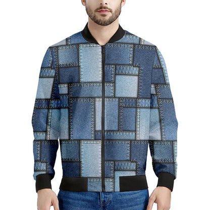 Patchwork Denim Jeans Pattern Print Men's Bomber Jacket