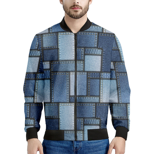 Patchwork Denim Jeans Pattern Print Men's Bomber Jacket