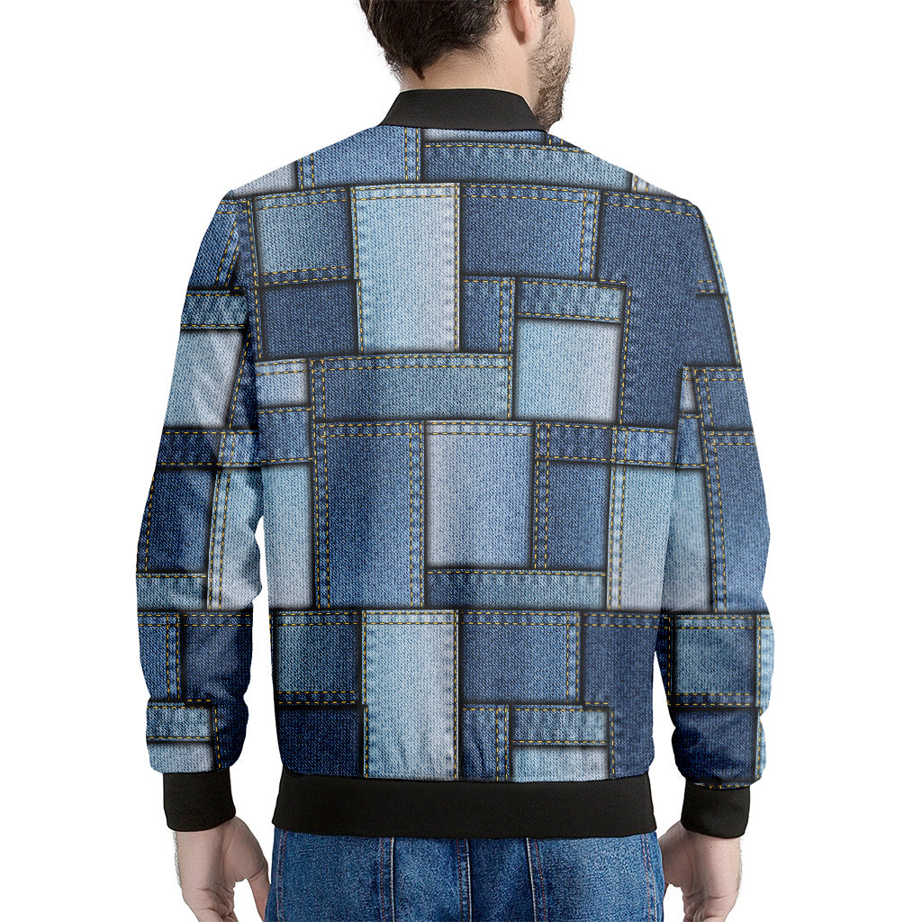 Patchwork Denim Jeans Pattern Print Men's Bomber Jacket