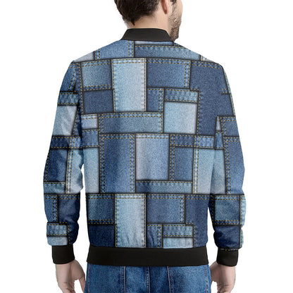 Patchwork Denim Jeans Pattern Print Men's Bomber Jacket